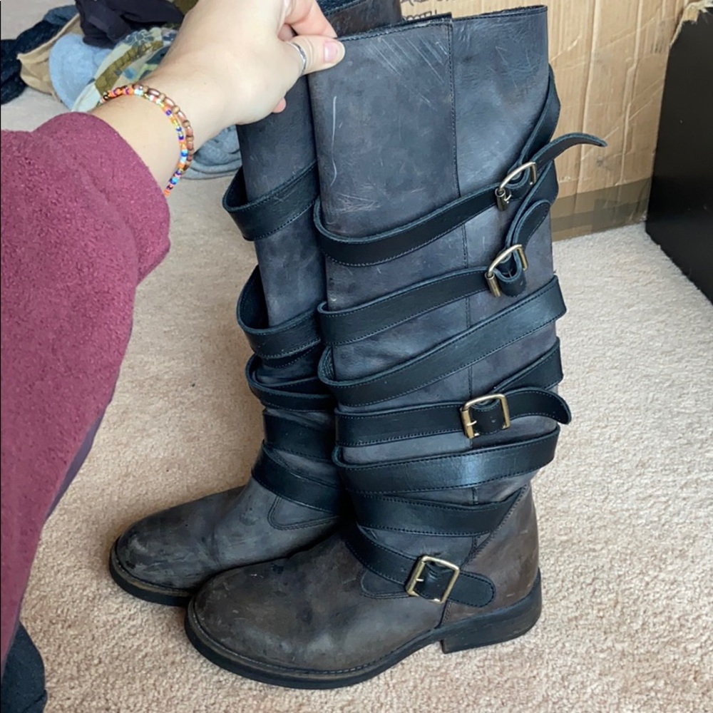 distressed leather buckle boots